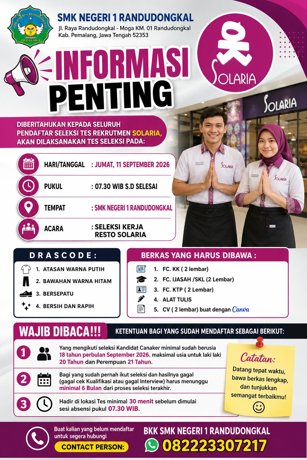 Pengumuman Seleksi Tes Rekrutmen Kerja Resto Solaria di SMKN 1 Randudongkal